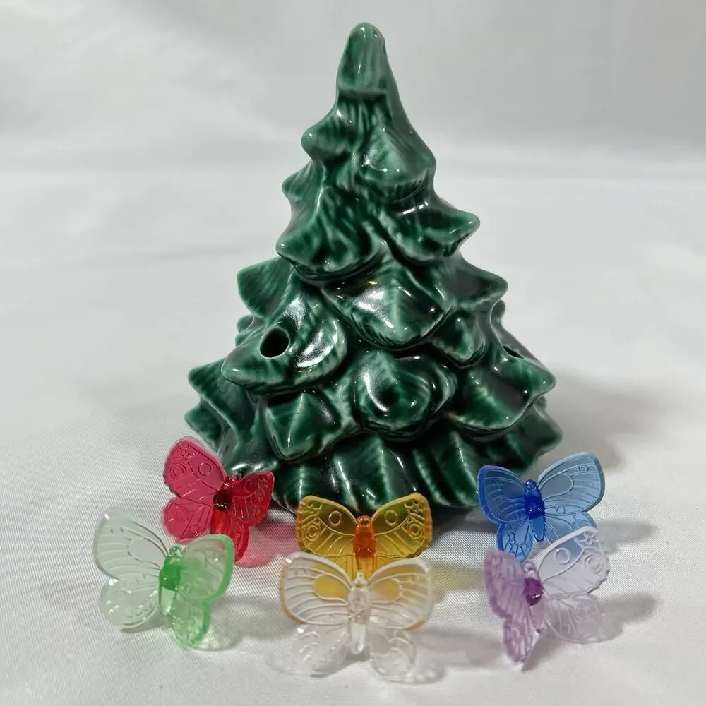 Vintage Mini Small Ceramic Tree Top Green Light Bulb Holes 4” Butterfly